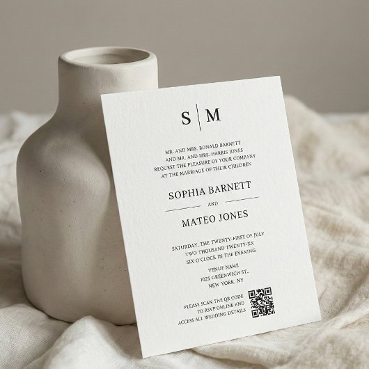 Klassieke Monogram Off White QR Code Trouwkaart