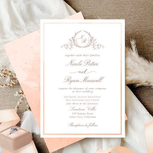 Klassieke monogram Peach Waterverf Wedding Kaart