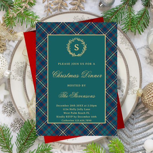 Klassieke Monogram Plaid Donkergroene Kerstfeest Kaart