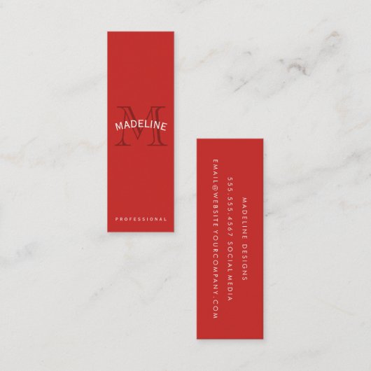 Klassieke monogram rood met boogtekst mini visitekaartje (Voorkant / Achterkant)