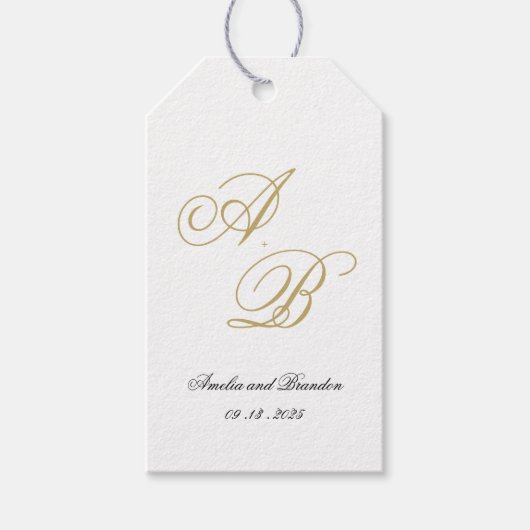 Klassieke Monogram Script Zwart en Goud Trouwen Cadeaulabel (Voorkant)