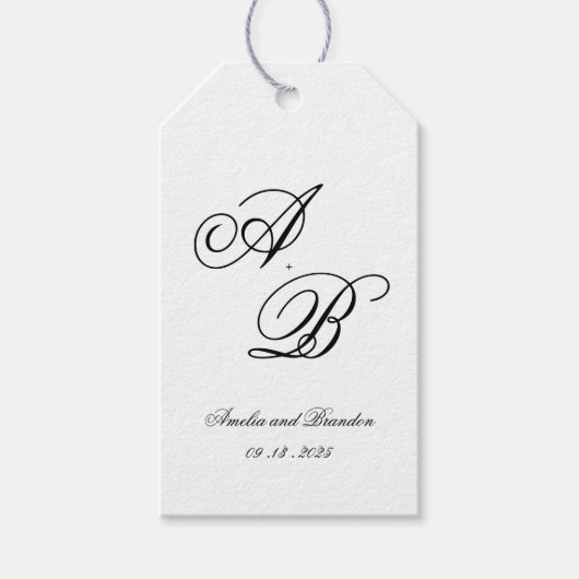 Klassieke Monogram Script Zwart-wit bruiloft Cadeaulabel (Voorkant)