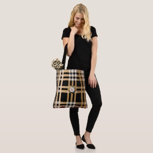Klassieke monogram stijlvolle plaat, grijs, zwart tote bag
