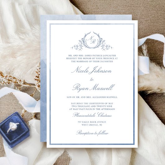 Klassieke monogram Stusty Blue Waterverf Wedding Kaart
