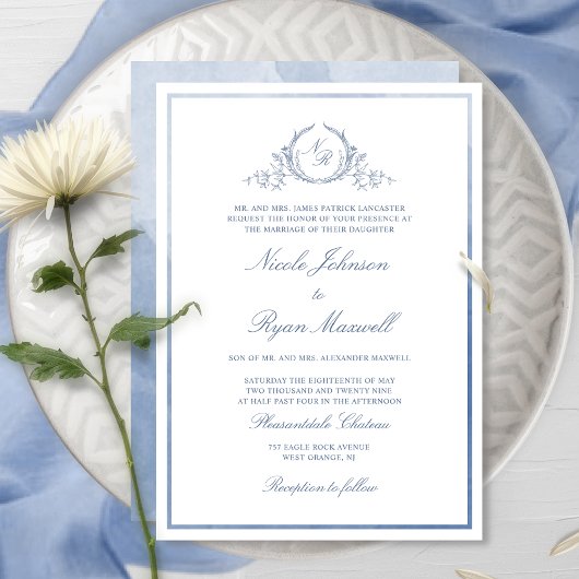 Klassieke monogram Stusty Blue Waterverf Wedding Kaart
