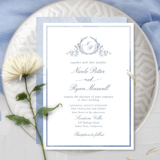 Klassieke monogram Stusty Blue Waterverf Wedding Kaart