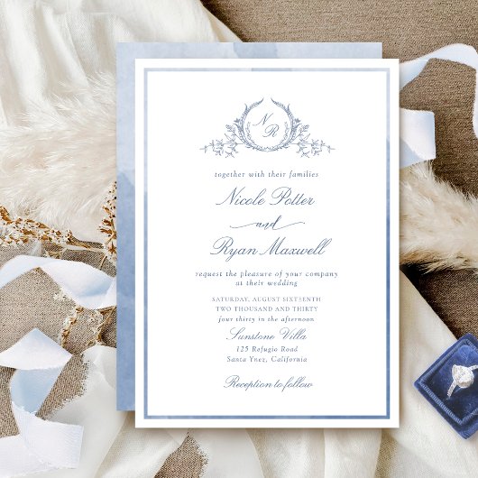 Klassieke monogram Stusty Blue Waterverf Wedding Kaart