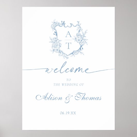 Klassieke monogram Stusty Blue Wedding Welkom Poster (Voorkant)