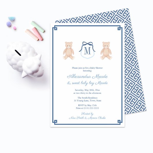 Klassieke Monogram Teddy Bear Baby Boy Shower Kaart