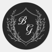 Klassieke monogram trouwkam zwart en wit ronde sticker (Voorkant)