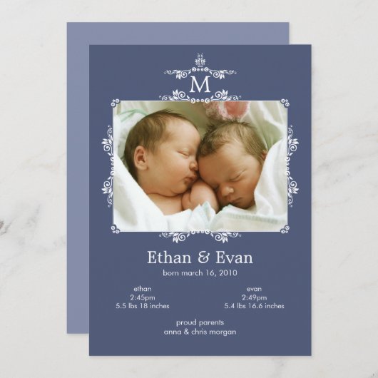 Klassieke monogram Twins Fotoaankondiging Aankondiging (Voorkant / Achterkant)
