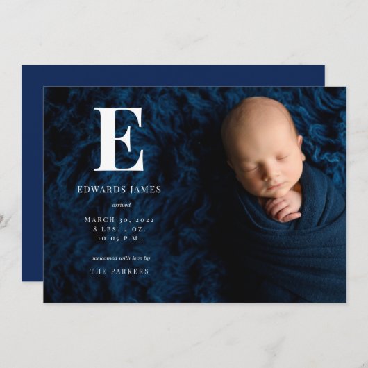 Klassieke monogram volledige foto pasgeboren Baby  Aankondiging (Voorkant / Achterkant)