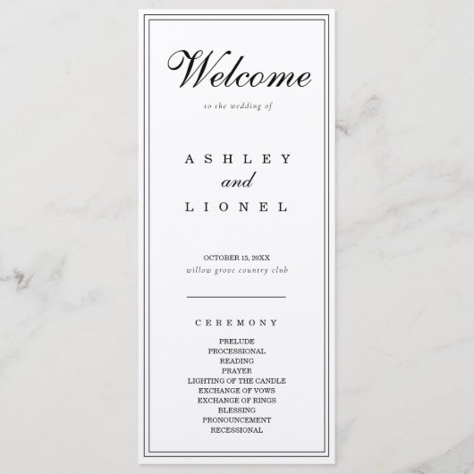 Klassieke Monogram Zwart & Wit Eenvoudige Huwelijk Programmakaart (Voorkant)