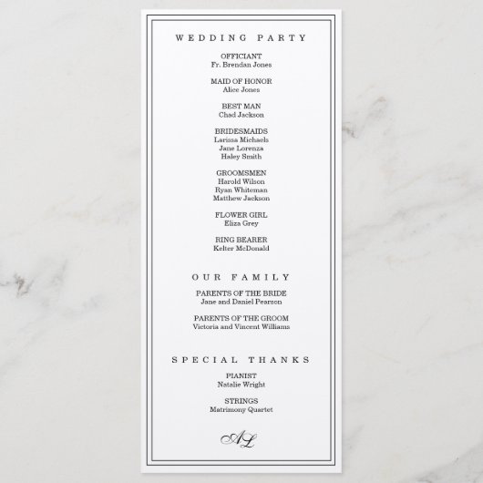 Klassieke Monogram Zwart & Wit Eenvoudige Huwelijk Programmakaart (Achterkant)