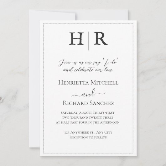 Klassieke Monogram Zwart & Wit Huwelijksuitnodigin Kaart (Voorkant)