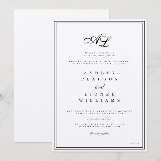 Klassieke Monogram Zwart & Wit Traditionele Huweli Kaart (Voorkant / Achterkant)