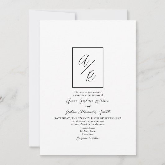 Klassieke monogram zwart-witbruiloft kaart (Voorkant)