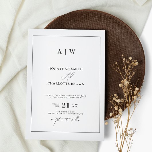 Klassieke monogram zwart-witbruiloft kaart