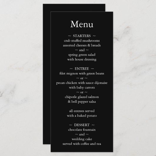 Klassieke monogram zwart-witbruiloft menu (Voorkant / Achterkant)