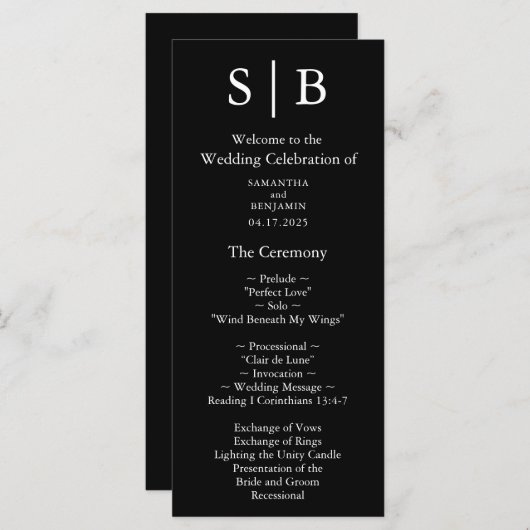 Klassieke monogram zwart-witbruiloft programmakaart (Voorkant / Achterkant)