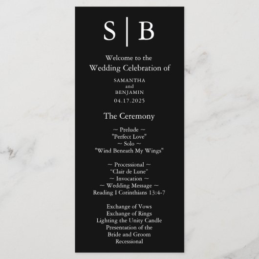 Klassieke monogram zwart-witbruiloft programmakaart (Voorkant)