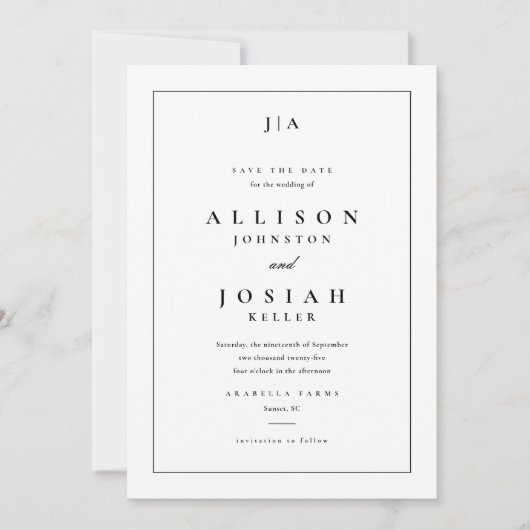 Klassieke Monogram Zwarte en Witte Huwelijk Save The Date (Voorkant)