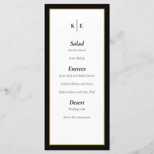 Klassieke monogram zwarte gouden bruiloft-menukaar menu (Voorkant)