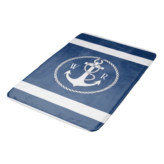 Klassieke Monogrammed Nautical Navy Blauw en Wit Badmat (Gekanteld)