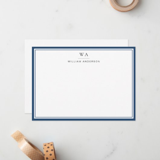 Klassieke monogrammen aegean Blue Stationery Note Notitiekaartje (Voorkant / Achterkant in situ)