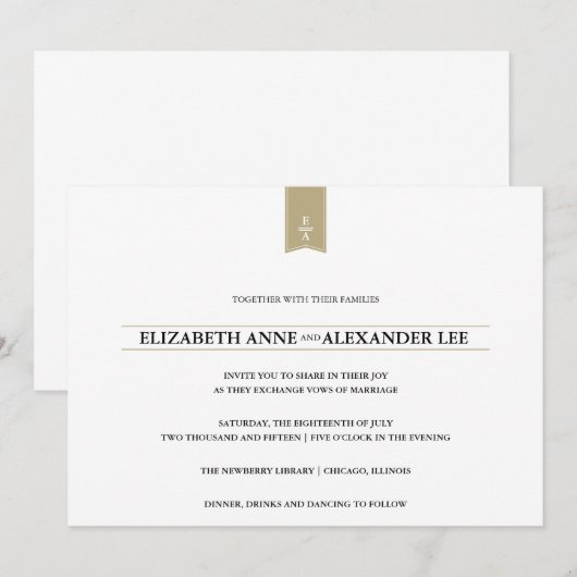 Klassieke Monogrammen Gold Weddenuitnodiging Kaart (Voorkant / Achterkant)