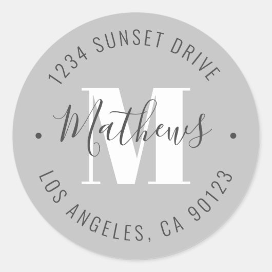 Klassieke monogramnaam & Circulaire tekst | Grijs Ronde Sticker (Voorkant)