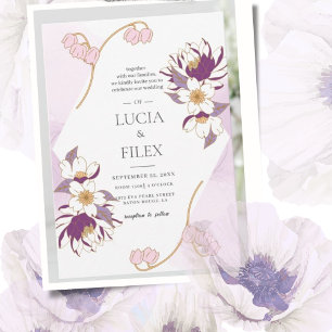 Klassieke Mooie Paarse Lotus & Kleur Inkt Bruiloft Kaart