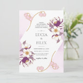 Klassieke Mooie Paarse Lotus & Kleur Inkt Bruiloft Kaart (Staand voorkant)