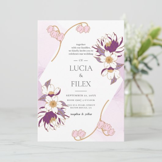 Klassieke Mooie Paarse Lotus & Kleur Inkt Bruiloft Kaart (Staand voorkant)