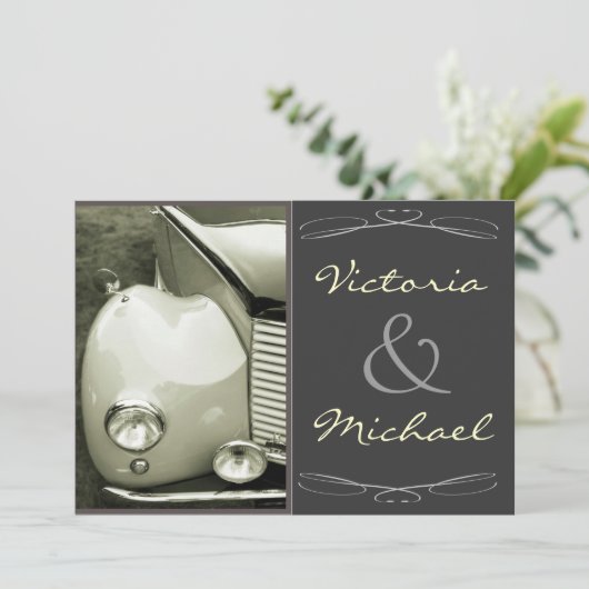 Klassieke  motorbruiloft kaart (Staand voorkant)