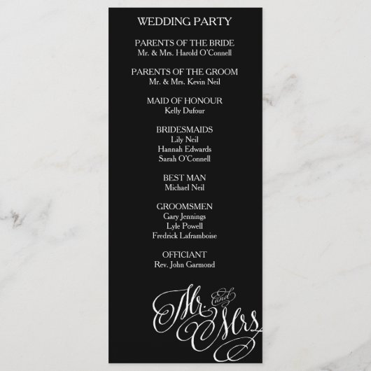 Klassieke Mr. en mevrouw Wedding-programma Programmakaart (Achterkant)