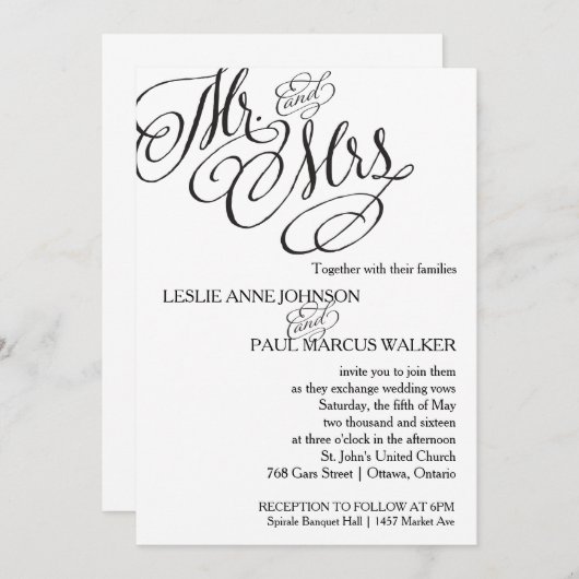 Klassieke Mr. & Mrs Wedding Invitation Kaart (Voorkant / Achterkant)