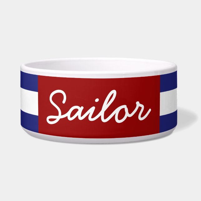 Klassieke Nautical Blue en White Stripe personaliz Voerbakje (Voorkant)