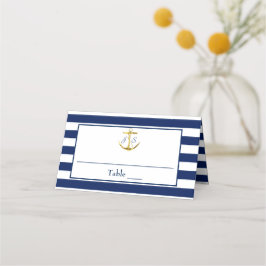 Klassieke Nautical Blue Stripes Gold Anchor Weddin Plaatskaartje