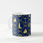 Klassieke Nautical Navy Blue en Gold Rope Knots Koffiemok (Voorkant links)