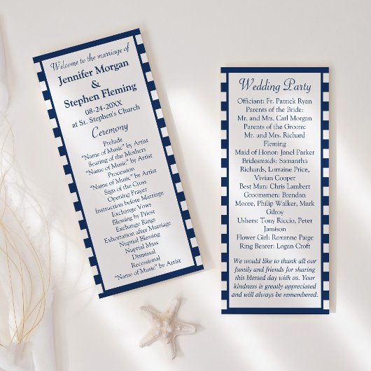 Klassieke Nautical Navy Blue Stripes Wedding Programmakaart