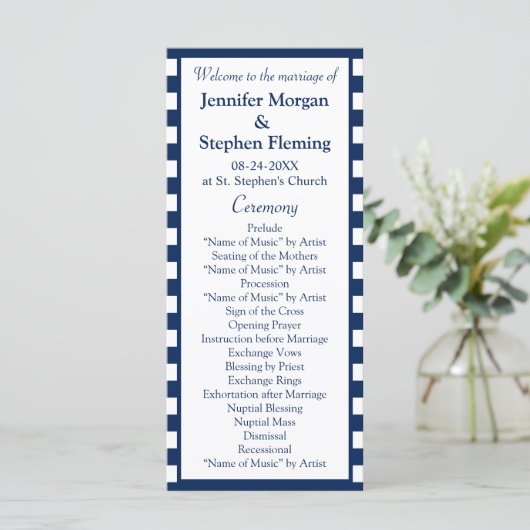 Klassieke Nautical Navy Blue Stripes Wedding Programmakaart (Staand voorkant)