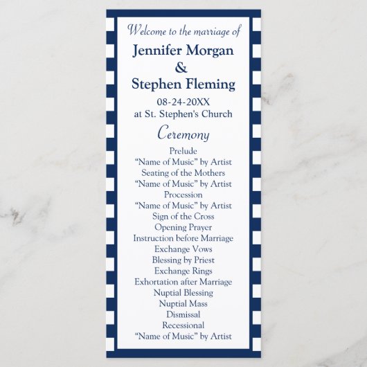 Klassieke Nautical Navy Blue Stripes Wedding Programmakaart (Voorkant)