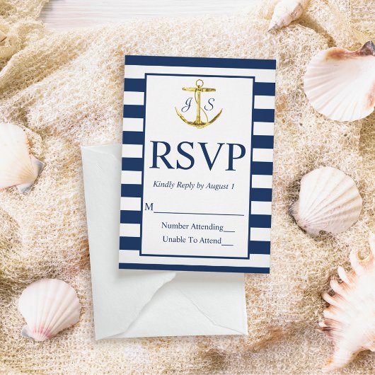 Klassieke Nautical Navy Blue Stripes Wedding RSVP Kaartje