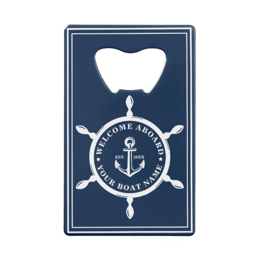 Klassieke Nautical Navy Personalized Boat Name Creditkaart Flessenopener (Voorkant)