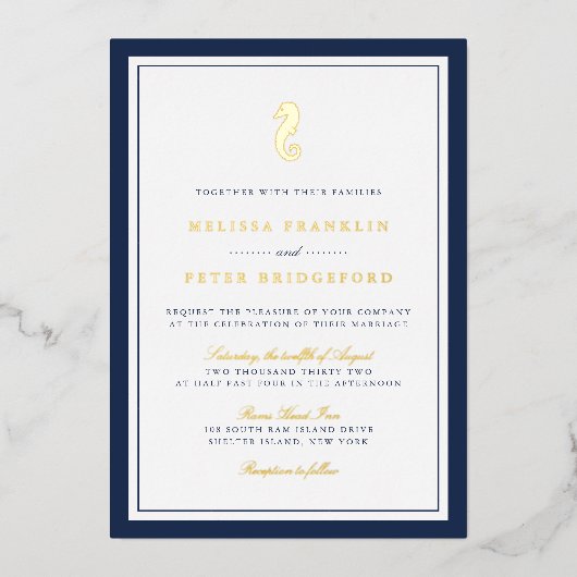 Klassieke Nautical Seahorse Weddenschap Gold Folie Uitnodiging (Voorkant)