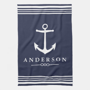Klassieke Nautical White Stripes & Anchor Navy Theedoek