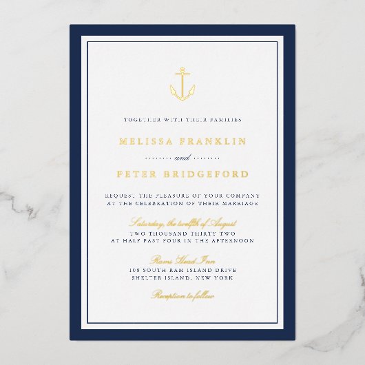 Klassieke Nautische marine & goudankerbruiloft Folie Uitnodiging (Voorkant)