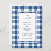 Klassieke Navy Baby Blauwe Plaid Gingham Bruiloft Save The Date (Voorkant)