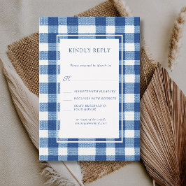 Klassieke Navy Baby Blauwe Schotse Gingham Bruilof RSVP Kaartje